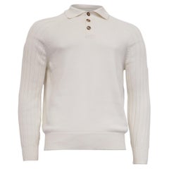Polo-pull à manches longues en coton blanc tricoté, signé Brunello Cucinelli