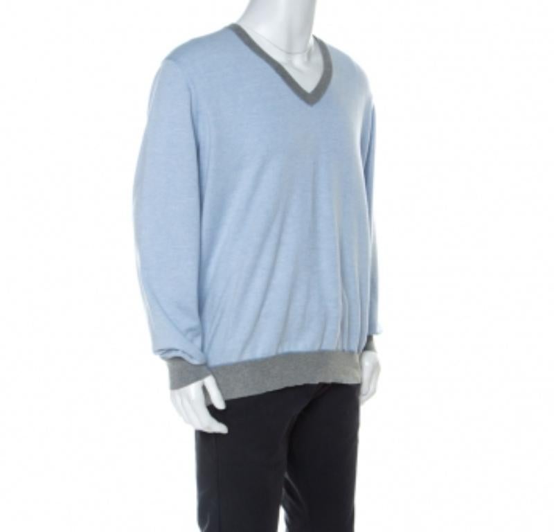 Bleu Pull à col en V bleu clair Brunello Cucinelli 4XL en vente