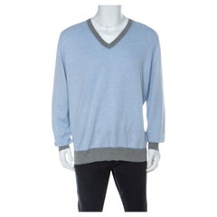 Brunello Cucinelli Light Blue Cotton V Neck Sweater 4XL