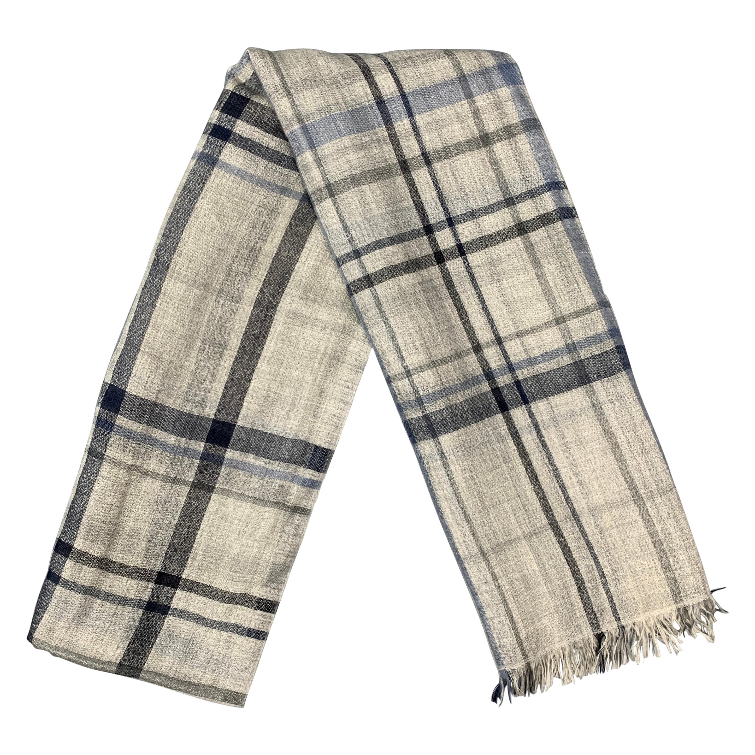 BRUNELLO CUCINELLI Light Gray 
Blue Plaid Cashmere / Silk Fringe Scarf