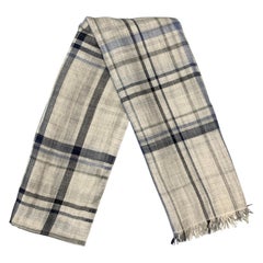 BRUNELLO CUCINELLI Light Gray & Blue Plaid Cashmere / Silk Fringe Scarf