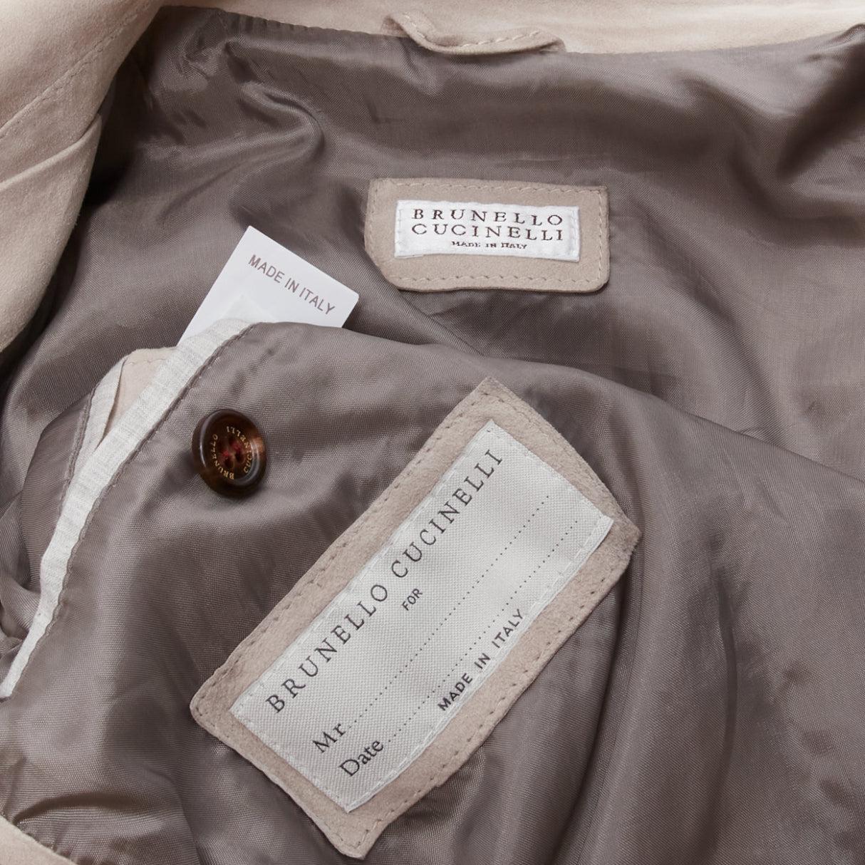 BRUNELLO CUCINELLI light grey genuine soft suede leather flap pocket jacket M For Sale 6