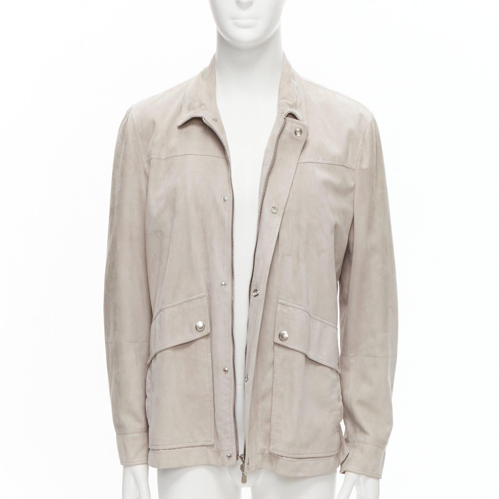 BRUNELLO CUCINELLI light grey genuine soft suede leather flap pocket jacket M In Good Condition For Sale In Hong Kong, NT