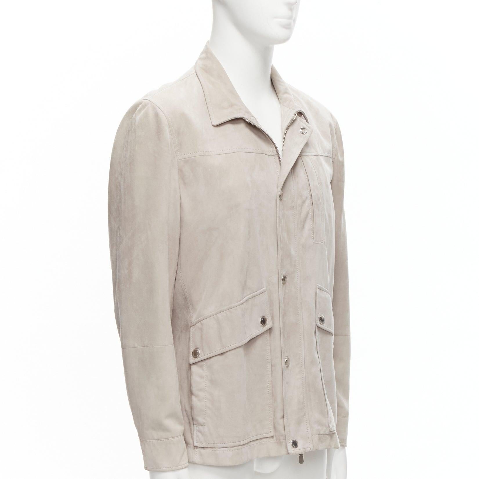 Men's BRUNELLO CUCINELLI light grey genuine soft suede leather flap pocket jacket M For Sale