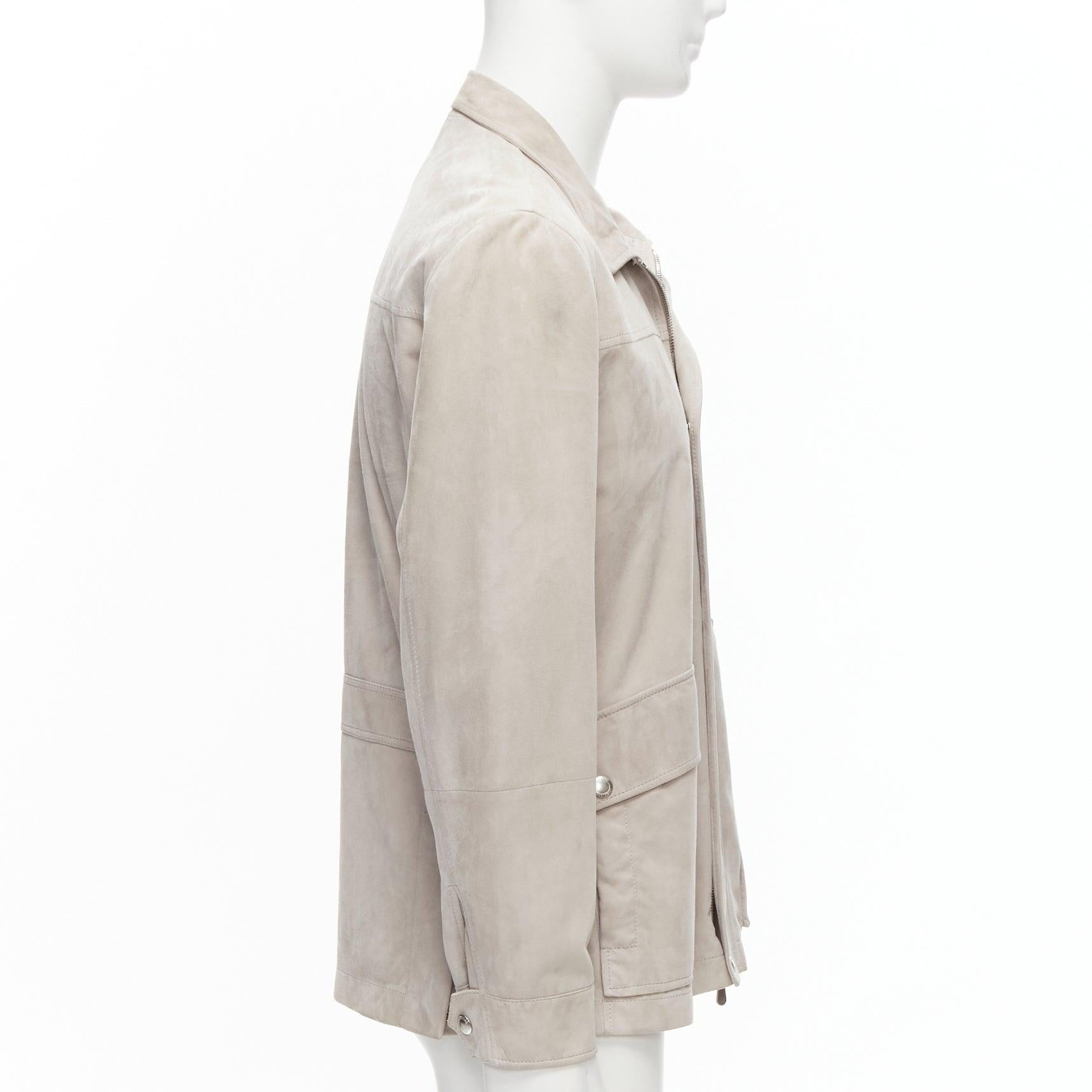BRUNELLO CUCINELLI light grey genuine soft suede leather flap pocket jacket M For Sale 1