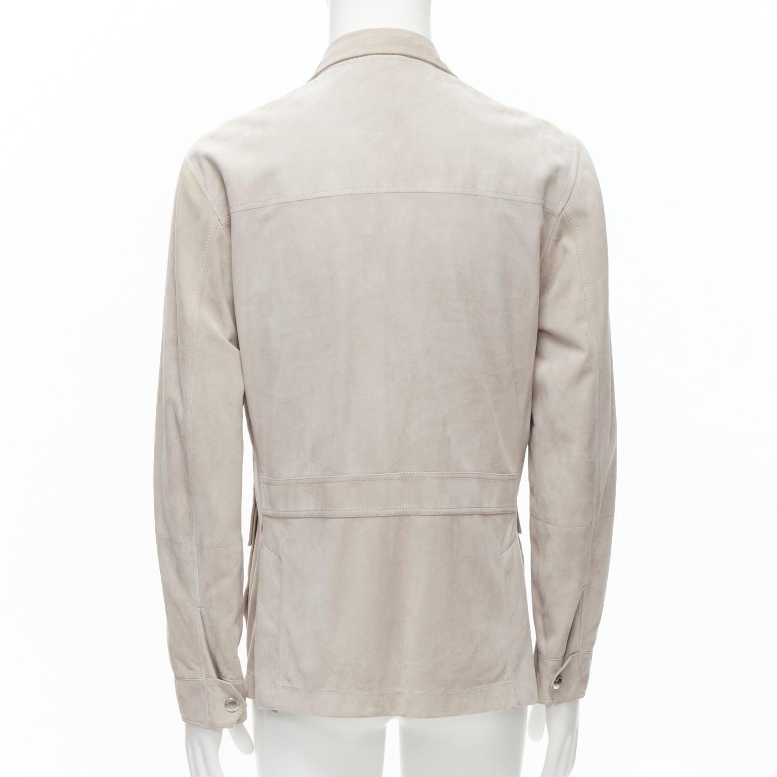 BRUNELLO CUCINELLI light grey genuine soft suede leather flap pocket jacket M For Sale 2