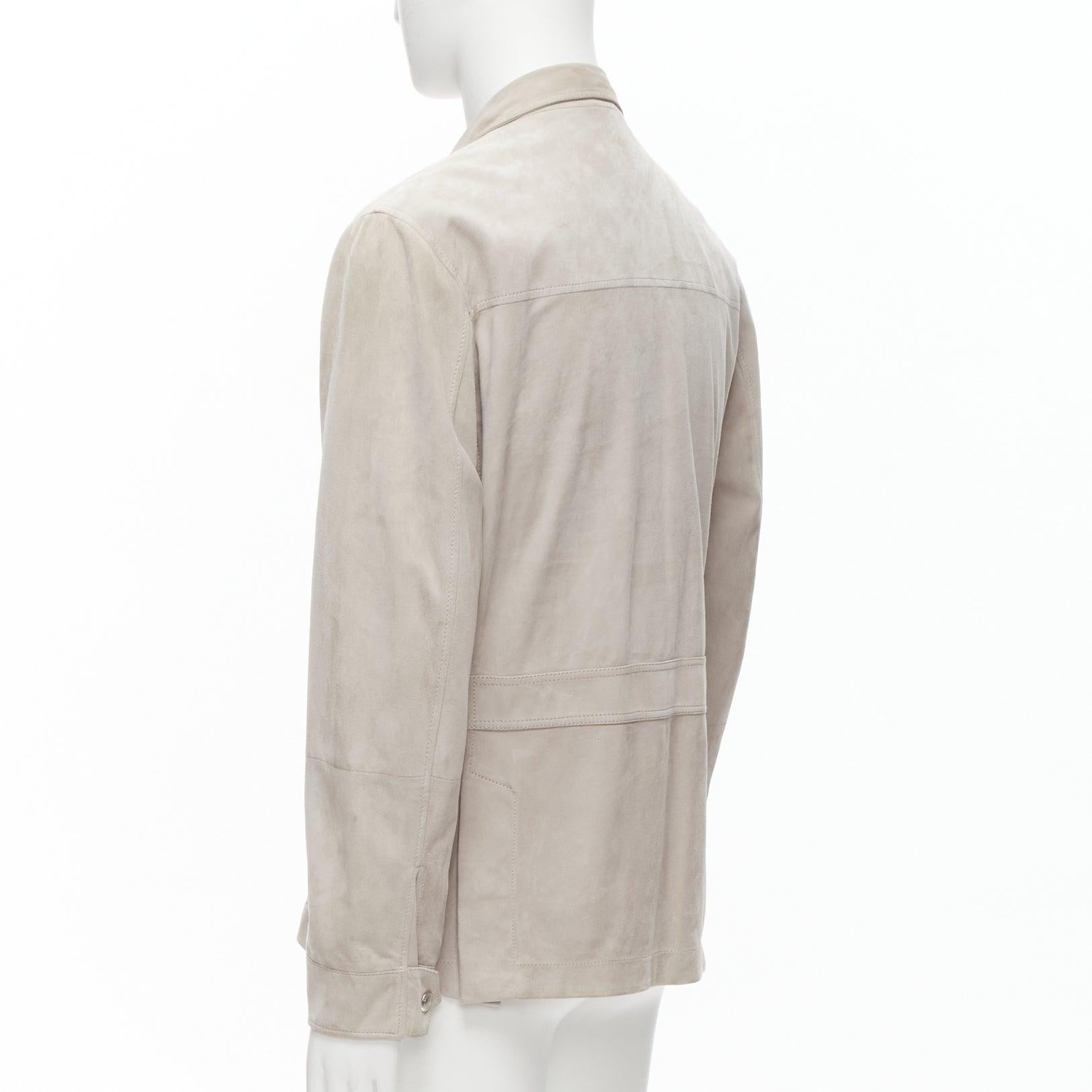 BRUNELLO CUCINELLI light grey genuine soft suede leather flap pocket jacket M For Sale 3