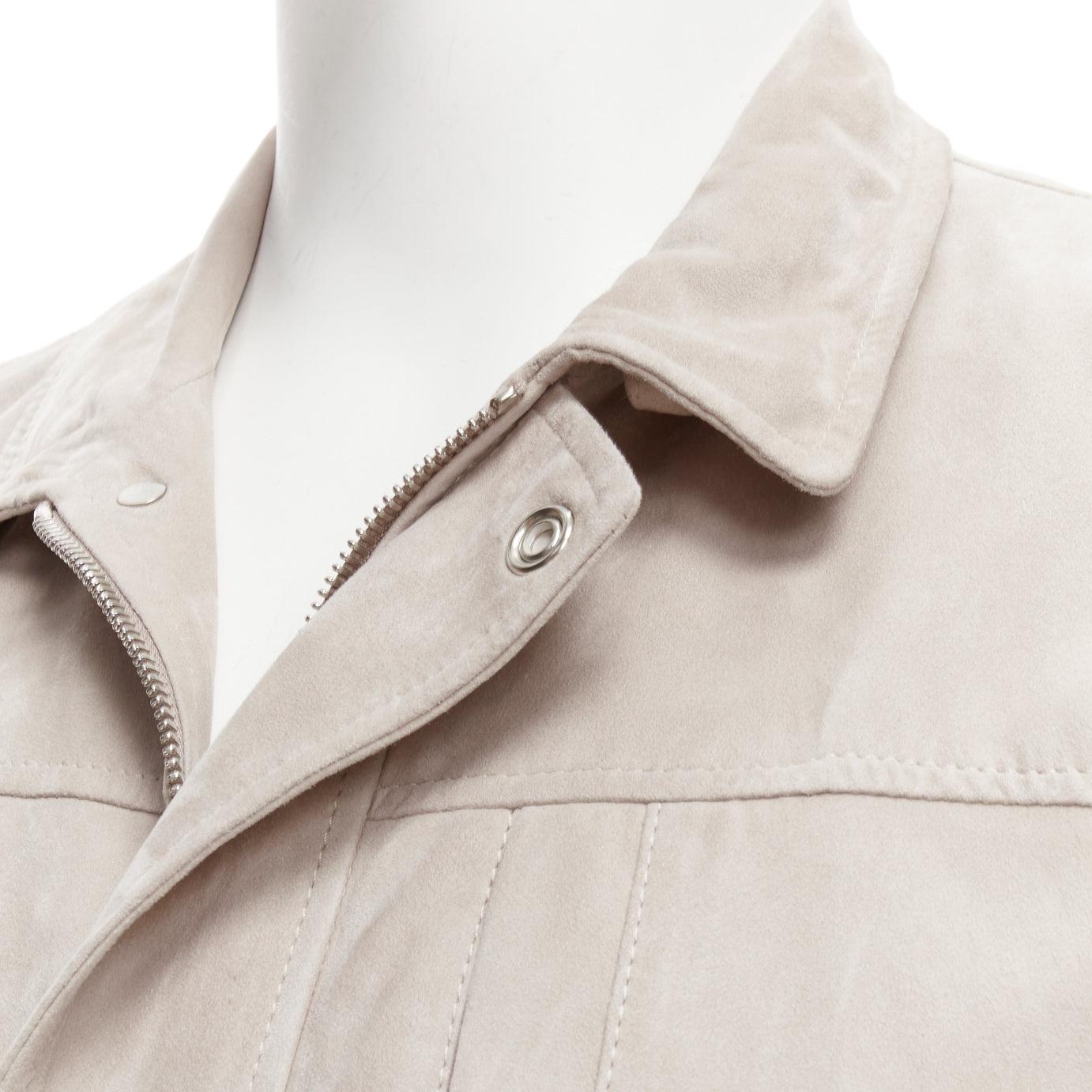 BRUNELLO CUCINELLI light grey genuine soft suede leather flap pocket jacket M For Sale 4