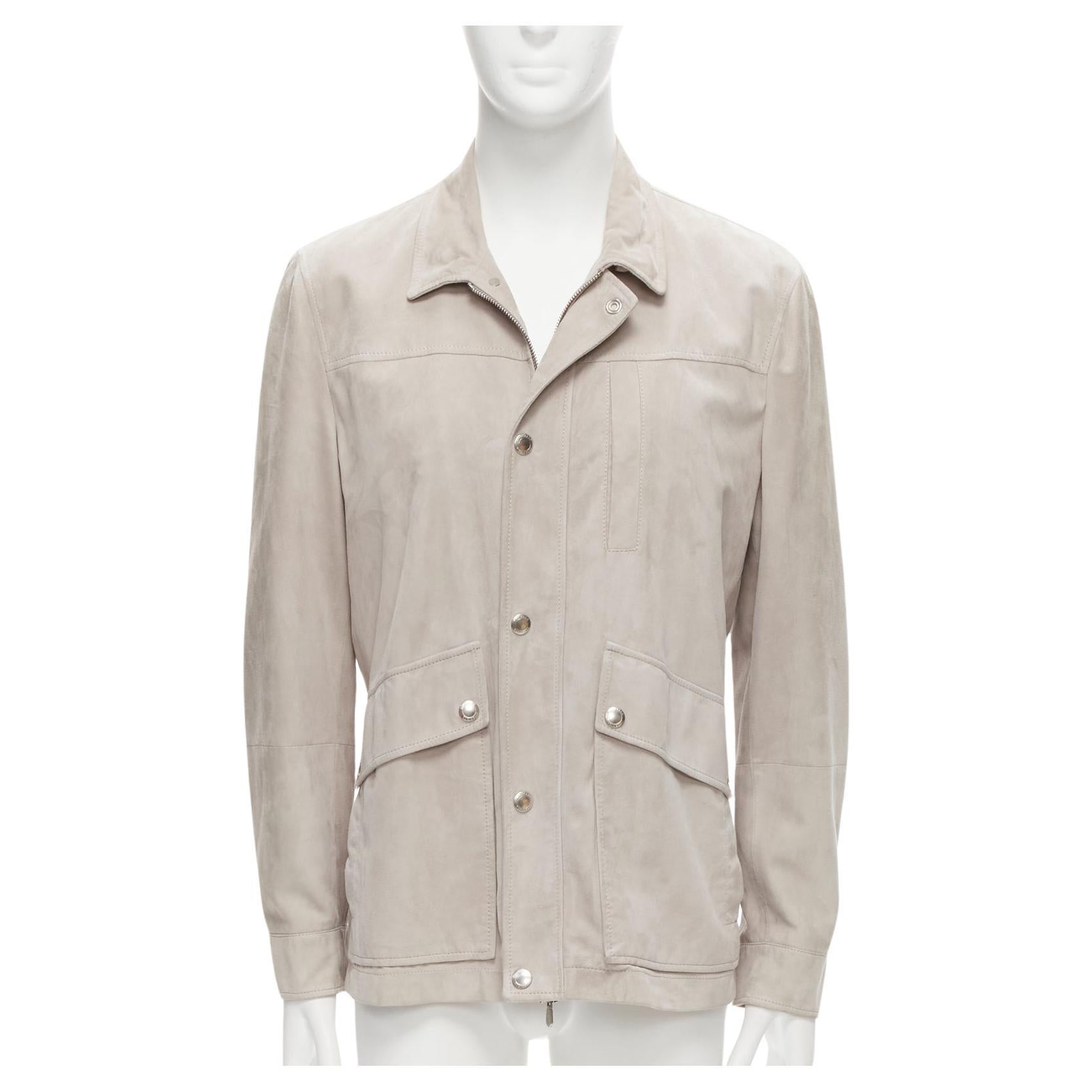 BRUNELLO CUCINELLI light grey genuine soft suede leather flap pocket jacket  M For Sale at 1stDibs