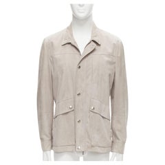 BRUNELLO CUCINELLI hellgraue, echte, weiche Wildleder-Taschenjacke mit Klappe aus Wildleder M