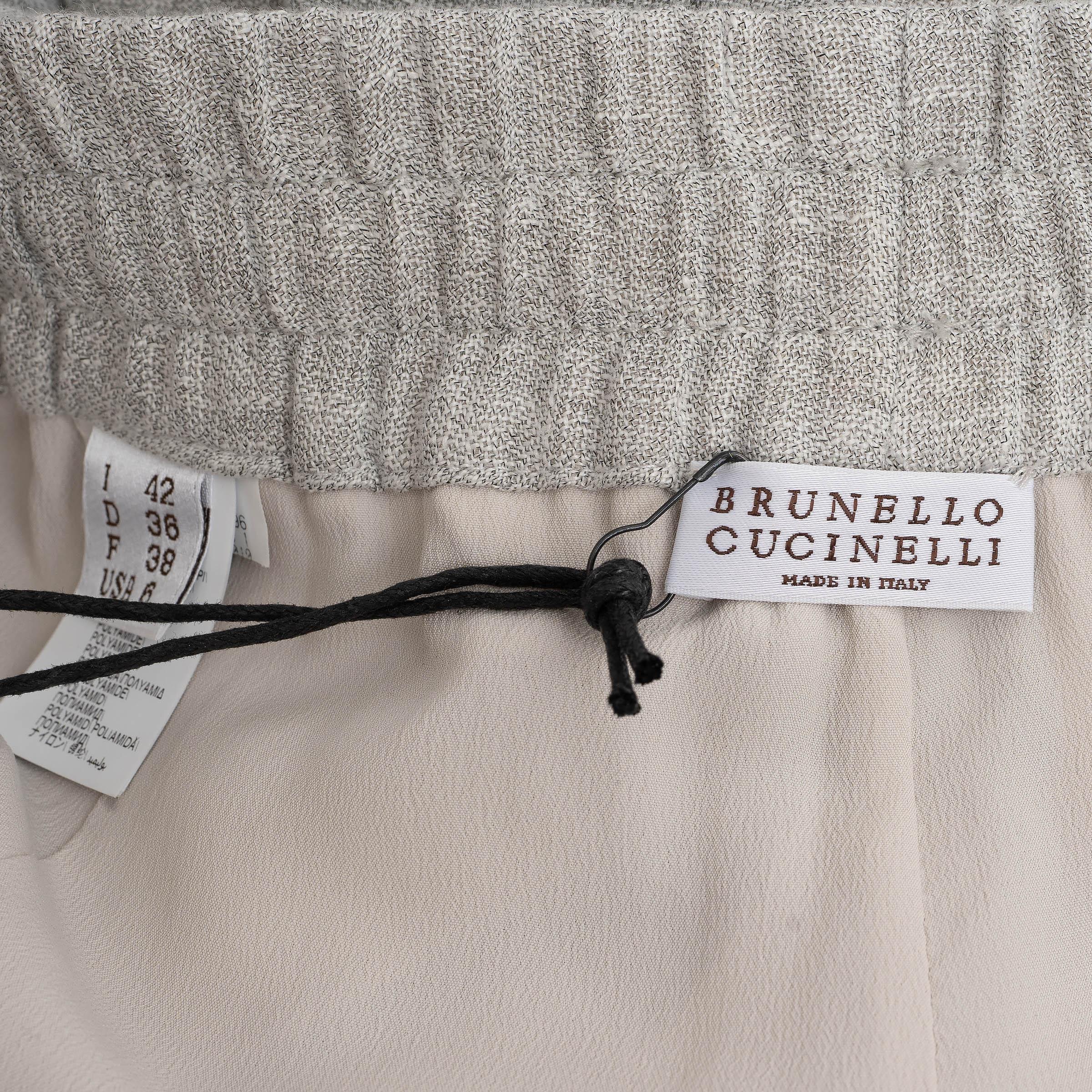 BRUNELLO CUCINELLI light grey linen 2024 CINKLED WIDE Pants 42 M Pour femmes en vente