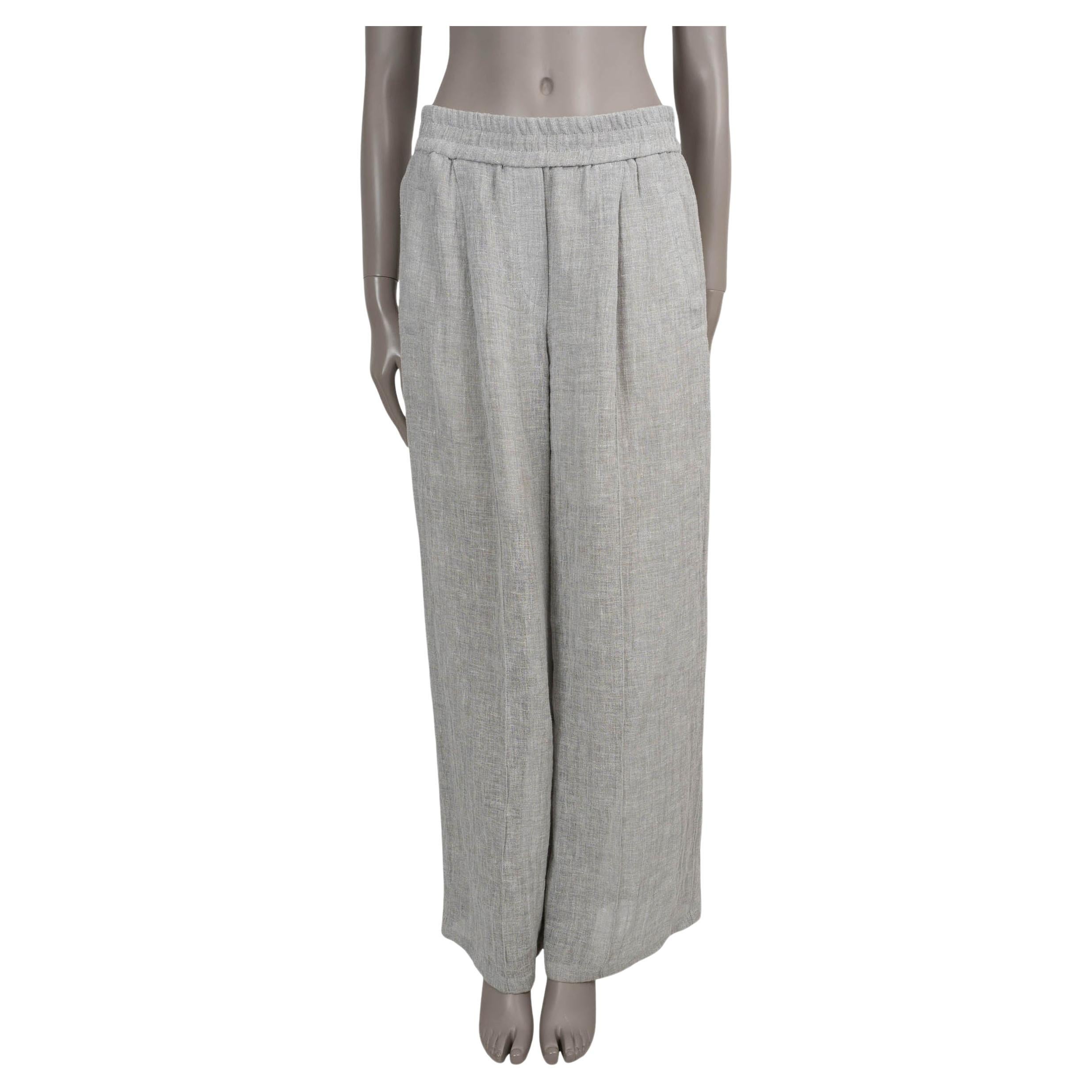 BRUNELLO CUCINELLI light grey linen 2024 CINKLED WIDE Pants 42 M en vente