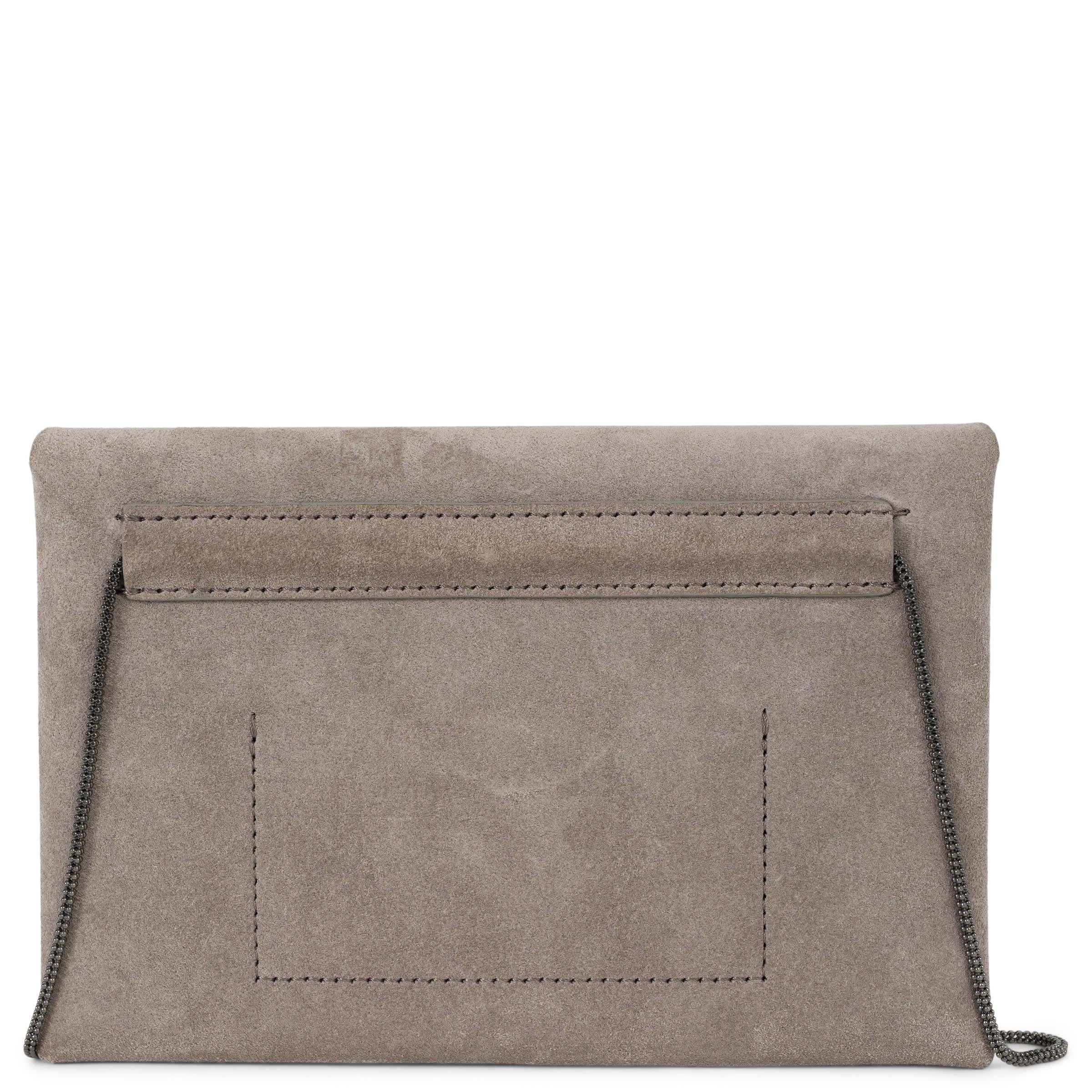BRUNELLO CUCINELLI Hellgraue Umhängetasche aus Wildleder 2025 DUO ENVELOPE Umhängetasche Clutch (Grau) im Angebot