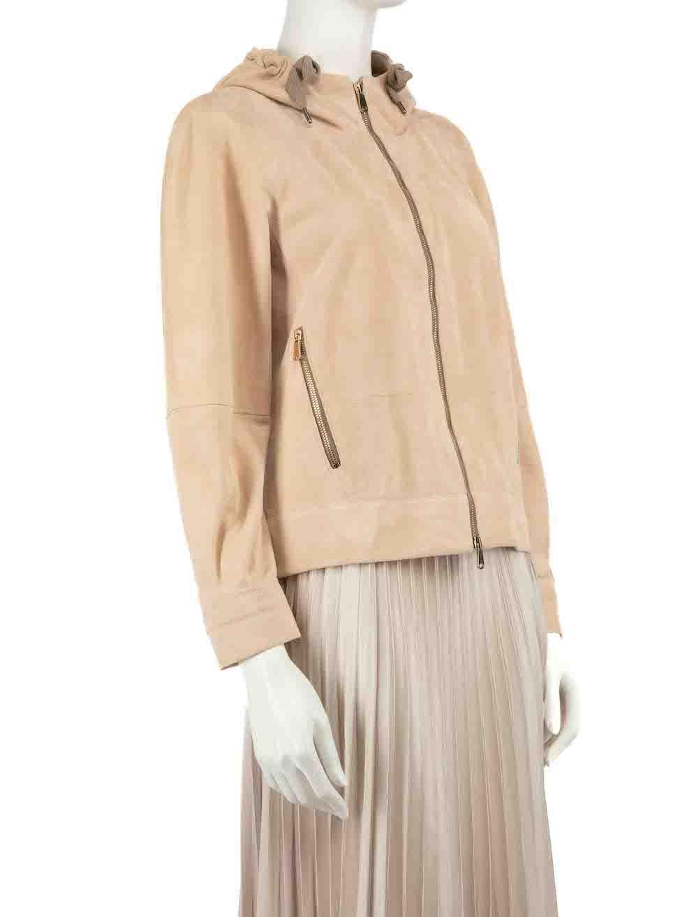CONDITION is Very good. Minimal wear to jacket is evident. Minimal wear to the rear with small marks to the suede on this used Brunello Cucinelli designer resale item.
 
 
 
 Details
 
 
 Light pink
 
 Suede
 
 Jacket
 
 Hooded
 
 Zip fastening
 
