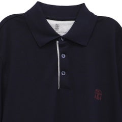 Brunello Cucinelli Logo Embroidered Polo Shirt in Navy Blue Cotton