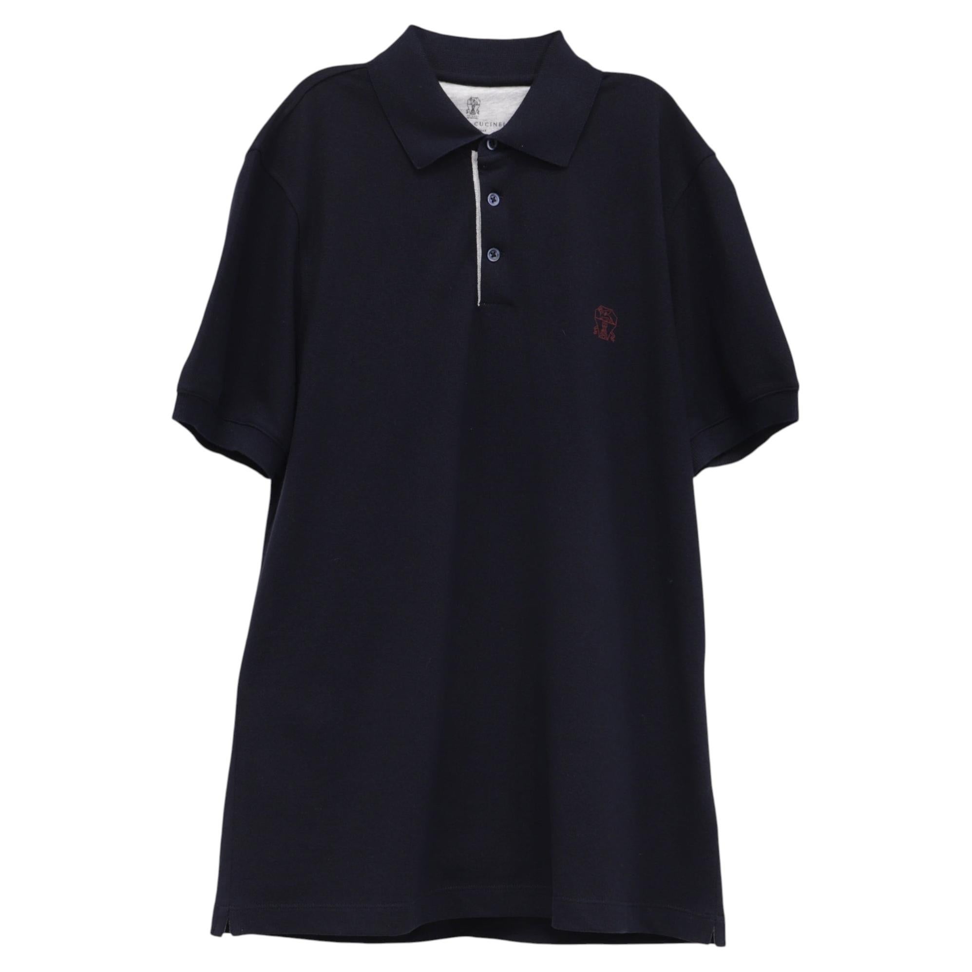 Brunello Cucinelli Logo Embroidered Polo Shirt in Navy Blue Cotton For Sale