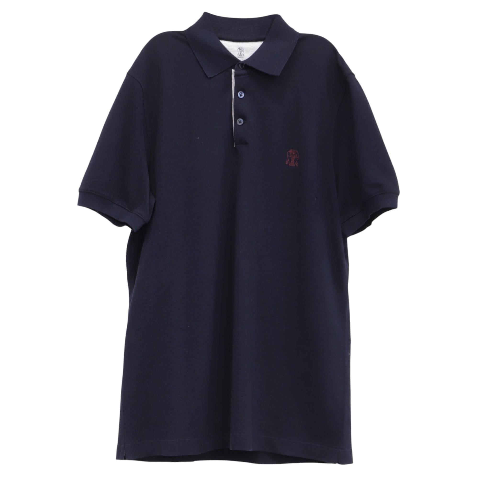 Polo a maniche corte in cotone blu navy con logo ricamato di Brunello Cucinelli in vendita