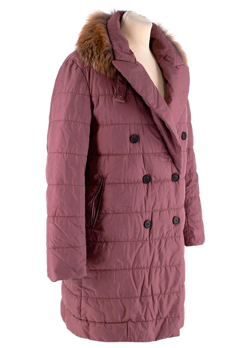 Brunello Cucinelli Mauve Silk Down Filled Quilted Coat with Fox Trim

- Warm mauve silk quilted coat filled with goose gown
- Removable dyed fox collar
- Notch lapel, double-breasted cut with brown-tone decorative buttons
- Can be worn with the