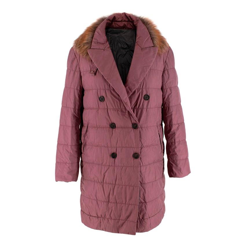 Brunello Cucinelli Mauve Silk Down Filled Quilted Coat with Fox Trim - US 00 For Sale