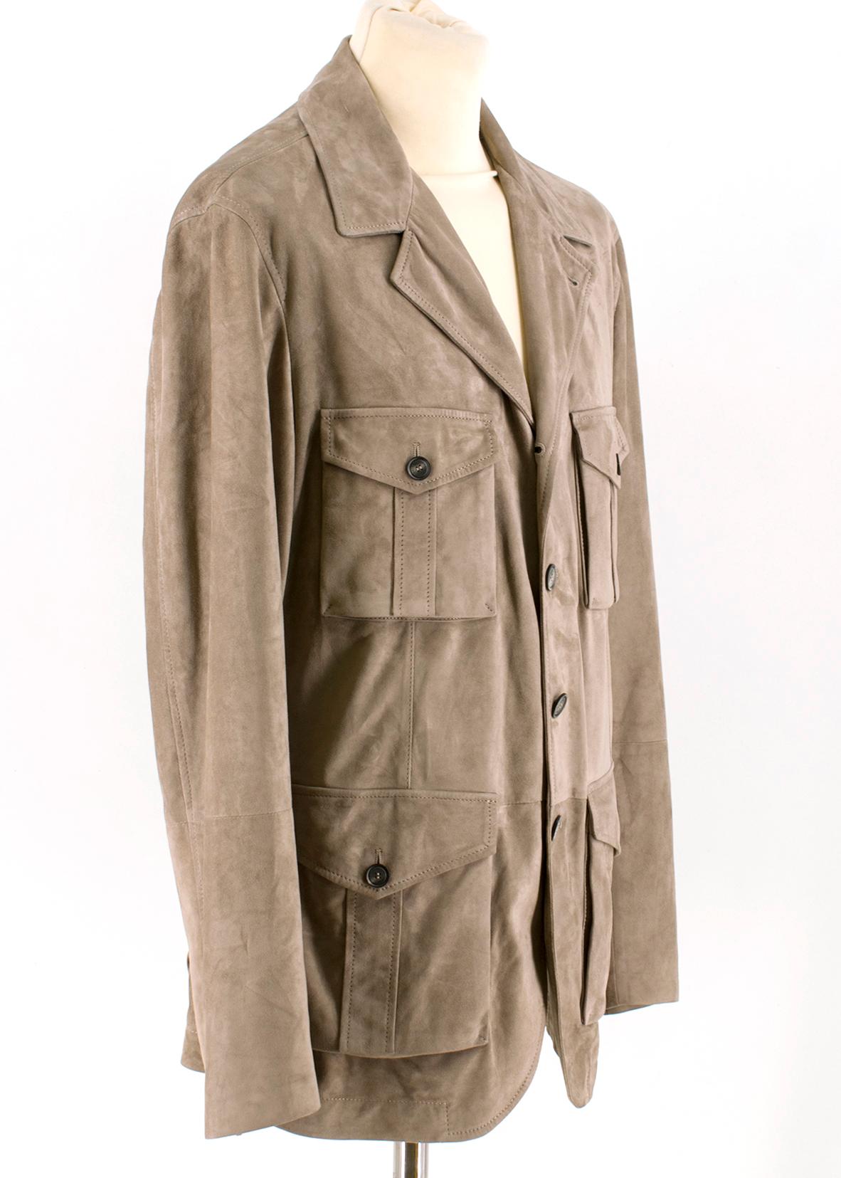 Brunello Cucinelli Men's Suede Jacket

-Tan, suede
-Button-up closure
-Four functional front pockets
-Optional back vents with push-button closure 
- Fully lined 

Please note, these items are pre-owned and may show some signs of storage, even when