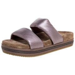 Brunello Cucinelli Metallic Leather And Suede Flat Slides Size 38.5