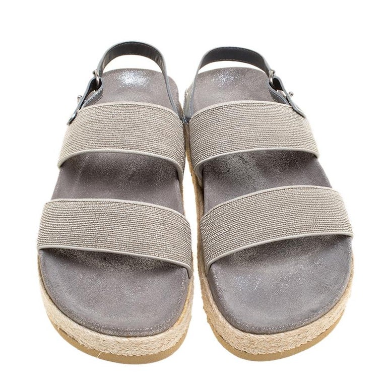 Brunello Cucinelli Metallic Silver Beaded Strap Espadrille Flat Sandals ...