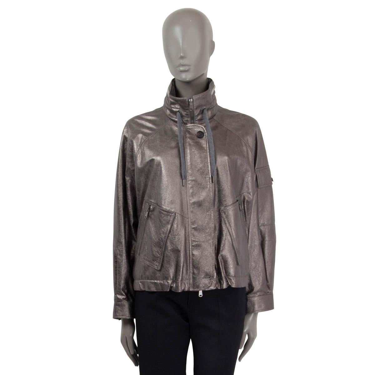 Silver BRUNELLO CUCINELLI metallic silver leather MONILI BOMBER Jacket 40 S For Sale