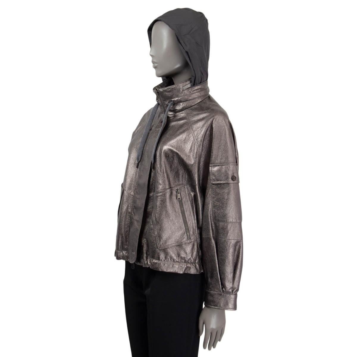 Women's BRUNELLO CUCINELLI metallic silver leather MONILI BOMBER Jacket 40 S For Sale