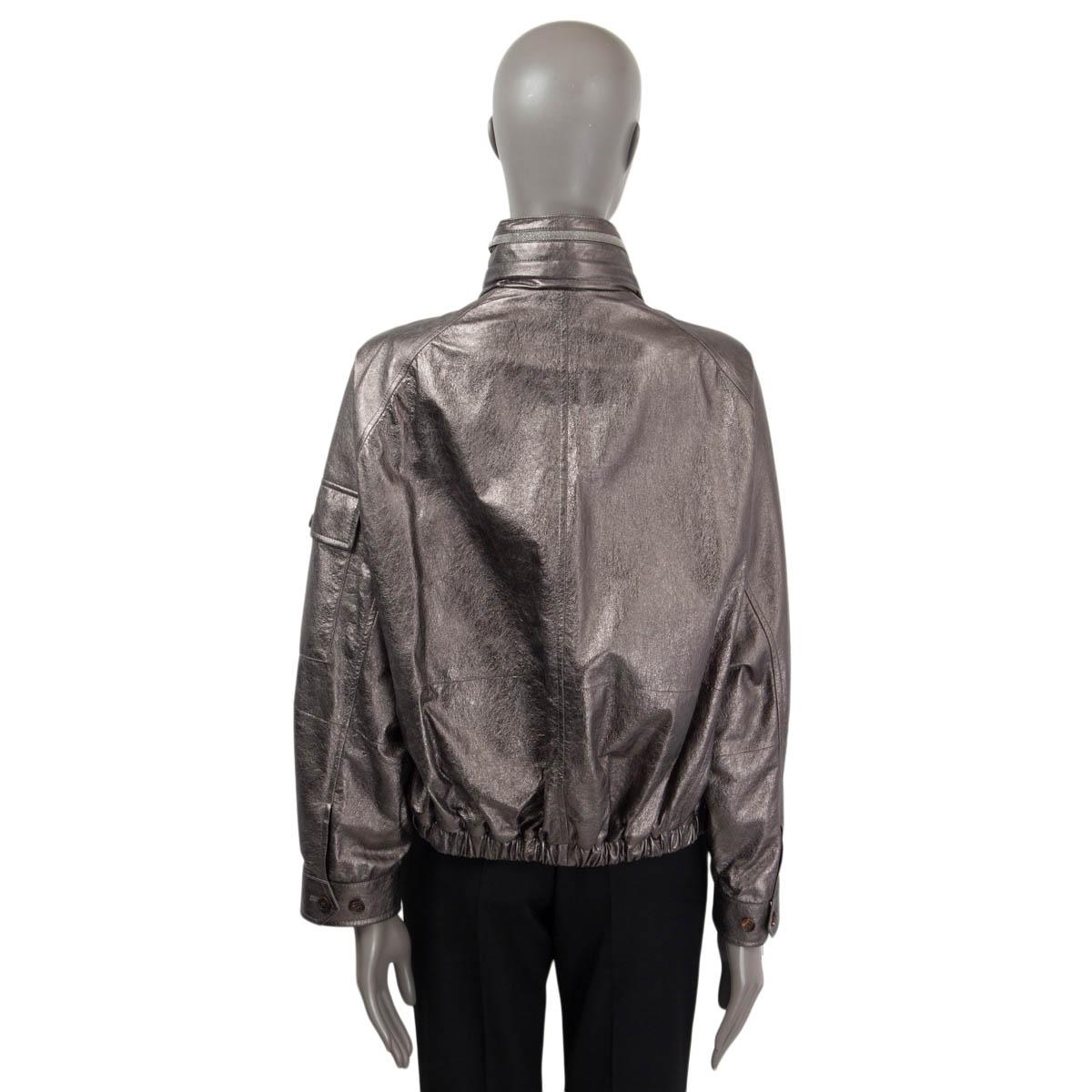 BRUNELLO CUCINELLI metallic silver leather MONILI BOMBER Jacket 40 S For Sale 1