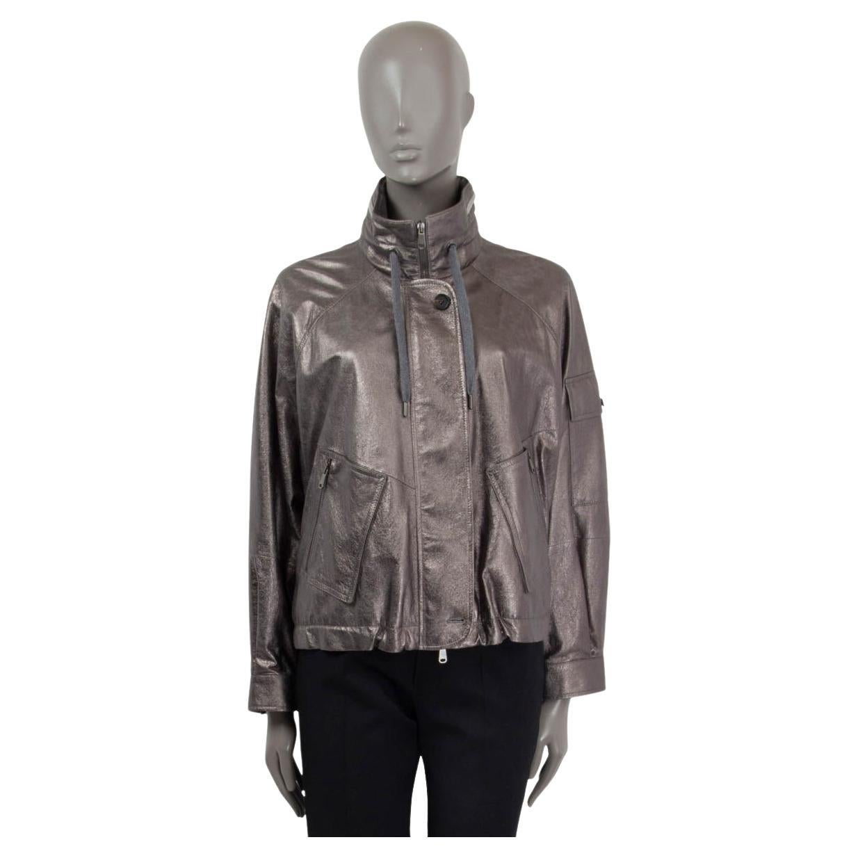 BRUNELLO CUCINELLI metallic silver leather MONILI BOMBER Jacket 40 S For Sale