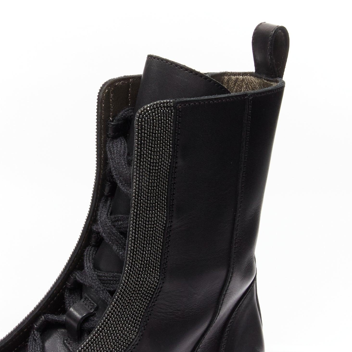 BRUNELLO CUCINELLI Monili black leather bead embellished side zip boots EU38 3