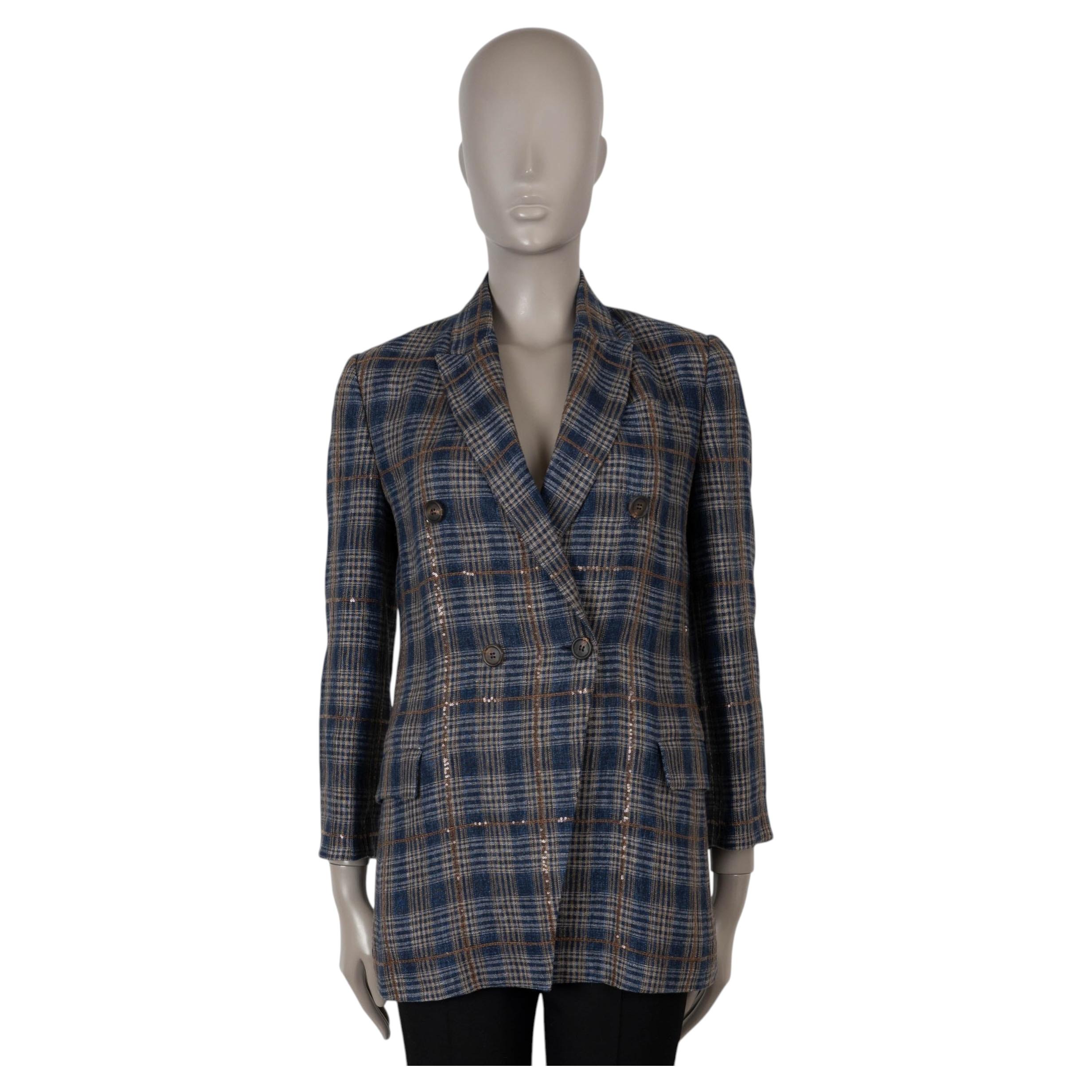 BRUNELLO CUCINELLI navy blue beige linen 2018 SEQUIN PLAID Blazer Jacket 40 S