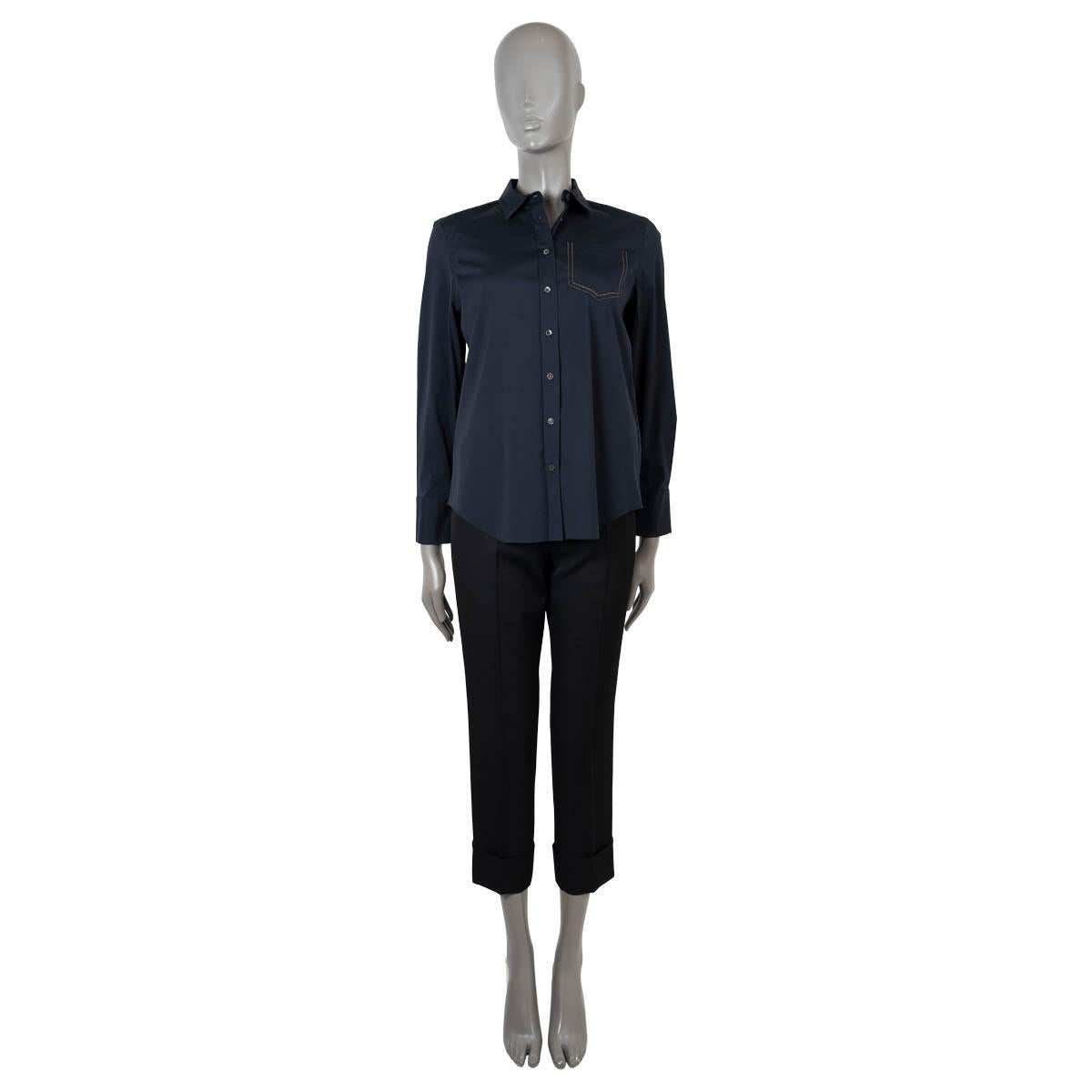 Women's BRUNELLO CUCINELLI navy blue cotton MONILI TRIMMED POCKET Button-Up Shirt S For Sale