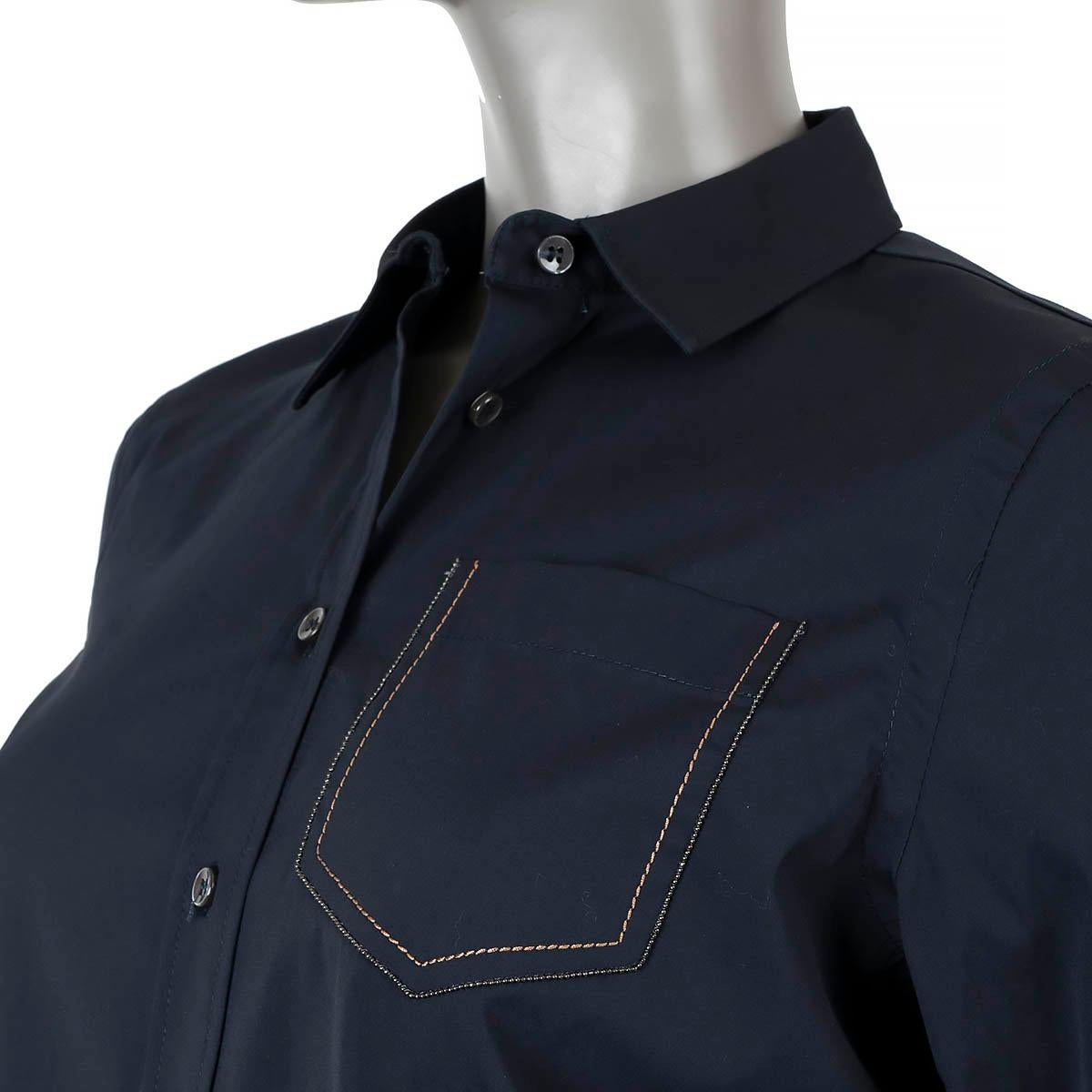 BRUNELLO CUCINELLI navy blue cotton MONILI TRIMMED POCKET Button-Up Shirt S For Sale 1