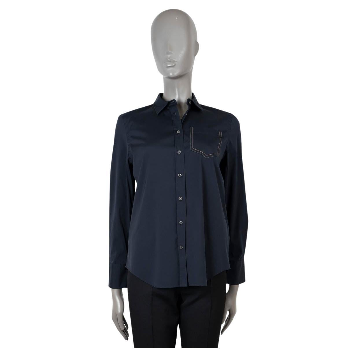 BRUNELLO CUCINELLI navy blue cotton MONILI TRIMMED POCKET Button-Up Shirt S For Sale