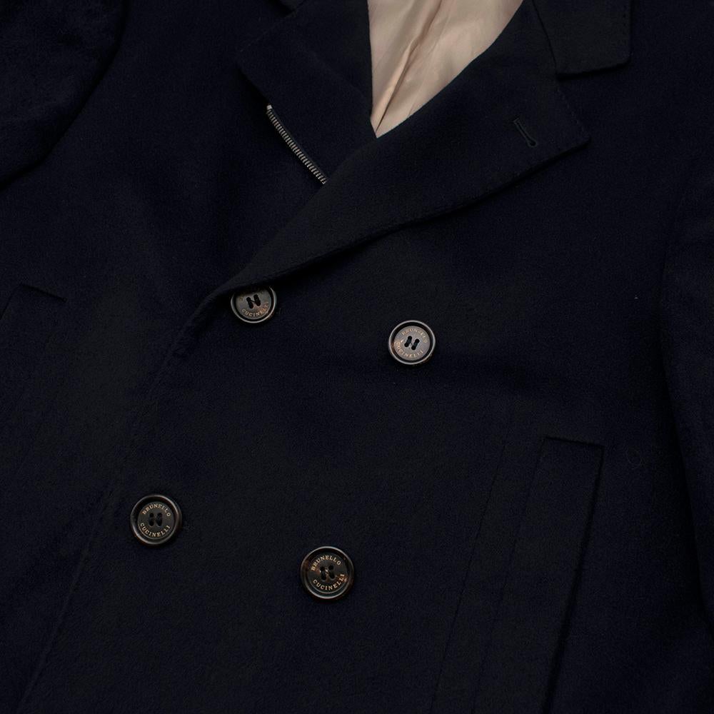 Black Brunello Cucinelli Navy Cashmere Double Breasted Coat - Size EU 50