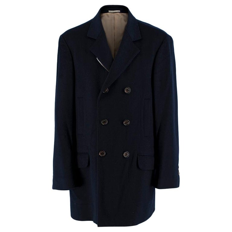 Brunello Cucinelli Navy Cashmere Double Breasted Coat - Size EU 50 at ...