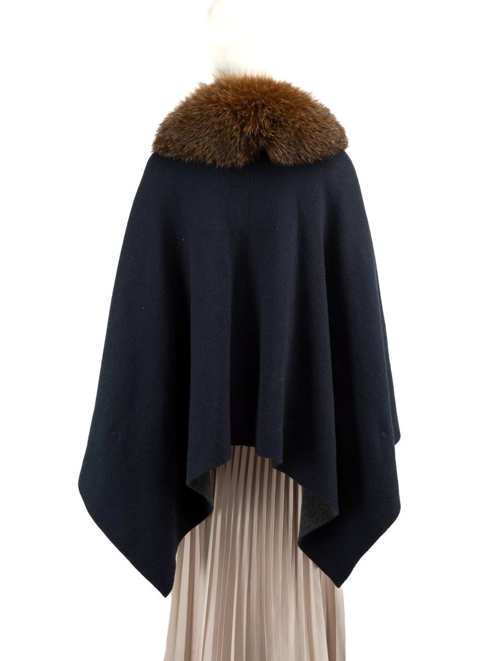Black Brunello Cucinelli Navy Cashmere Fox Fur Trim Cape Size S