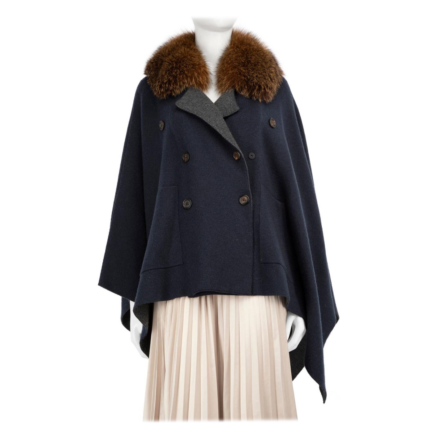Brunello Cucinelli Navy Cashmere Fox Fur Trim Cape Size S