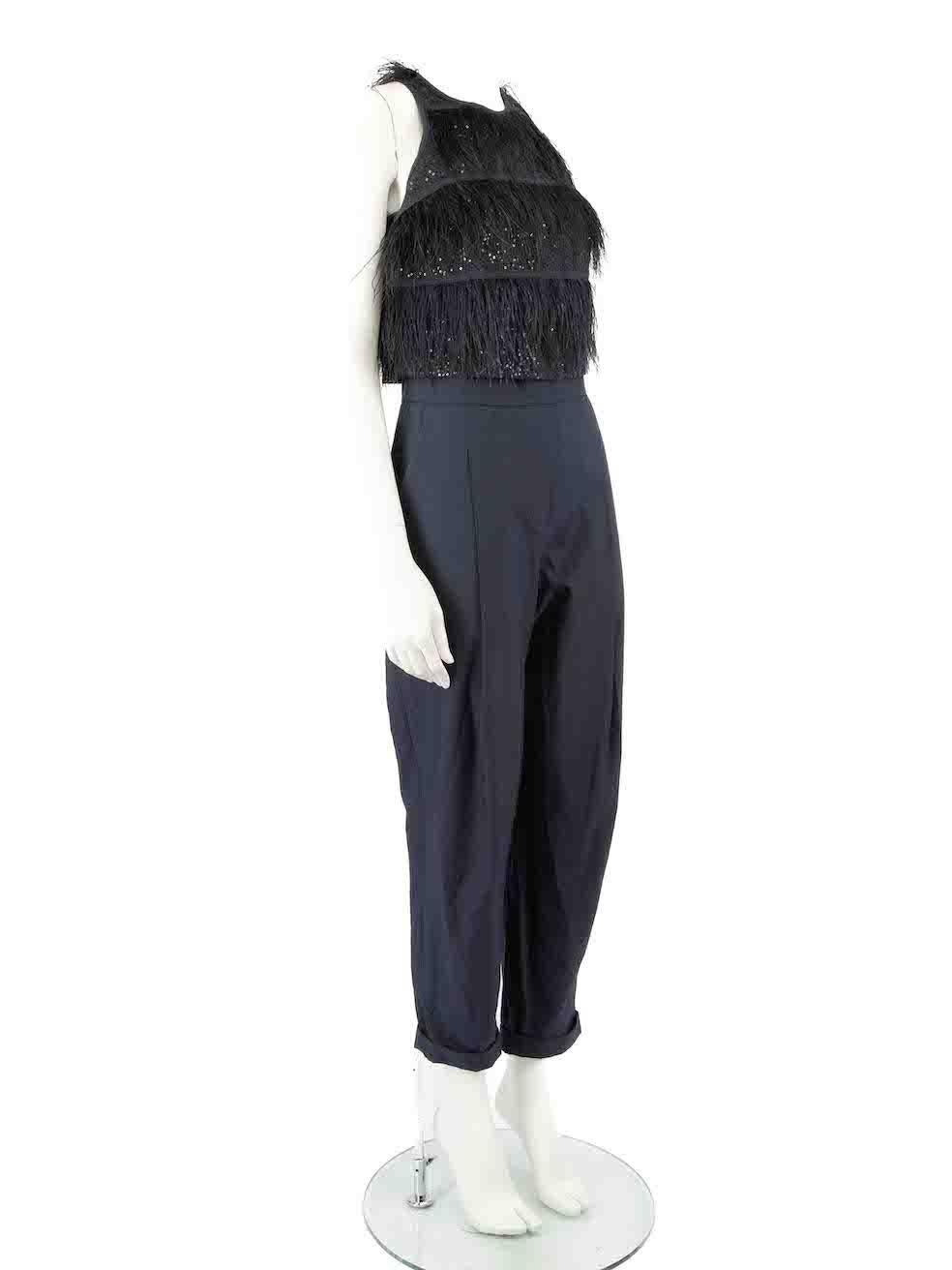 CONDITION is Very good. Minimal wear to jumpsuit is evident. Minimal wear to the centre-back lining with light discolouration along the zip seam on this used Brunello Cucinelli designer resale item.
 
 
 
 Details
 
 
 Navy
 
 Cotton
 
 Jumpsuit
 
