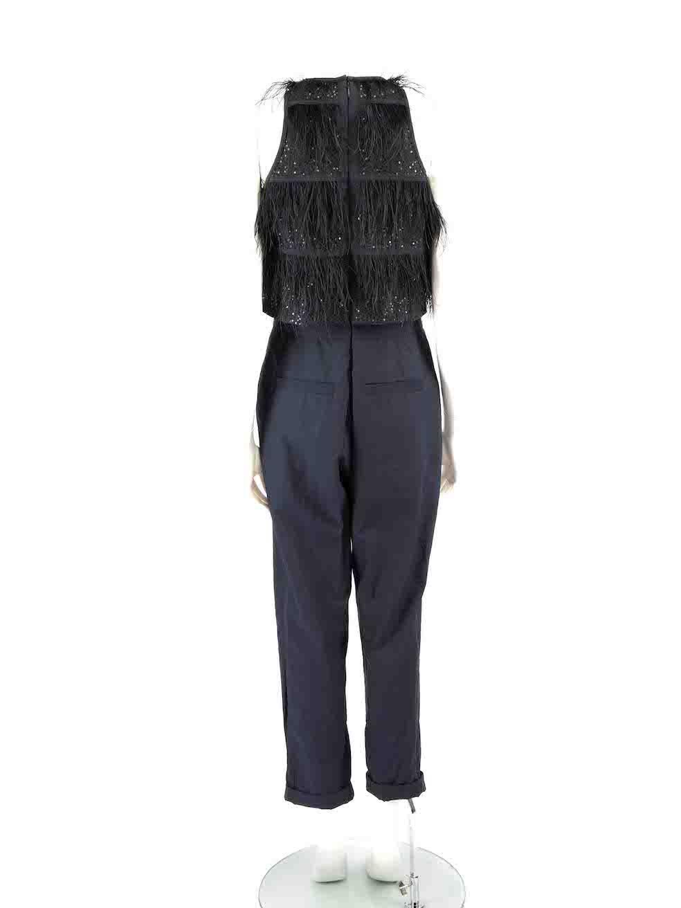 Brunello Cucinelli Navy Ostrich Feather Jumpsuit Size S In Excellent Condition For Sale In London, GB