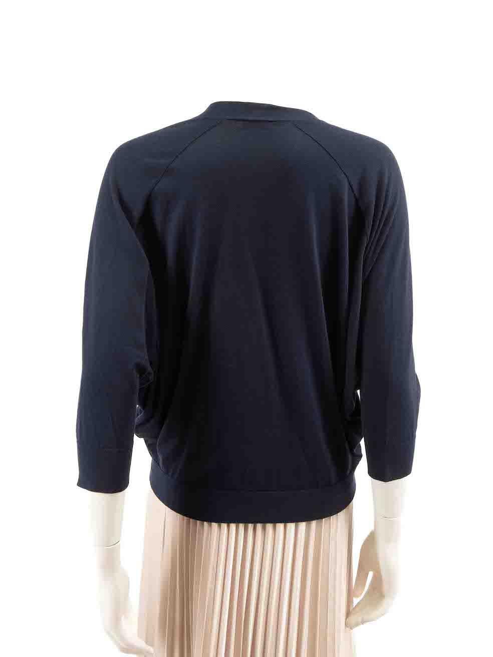Brunello Cucinelli Navy V-neck Knit Cardigan Size XS In Good Condition For Sale In London, GB