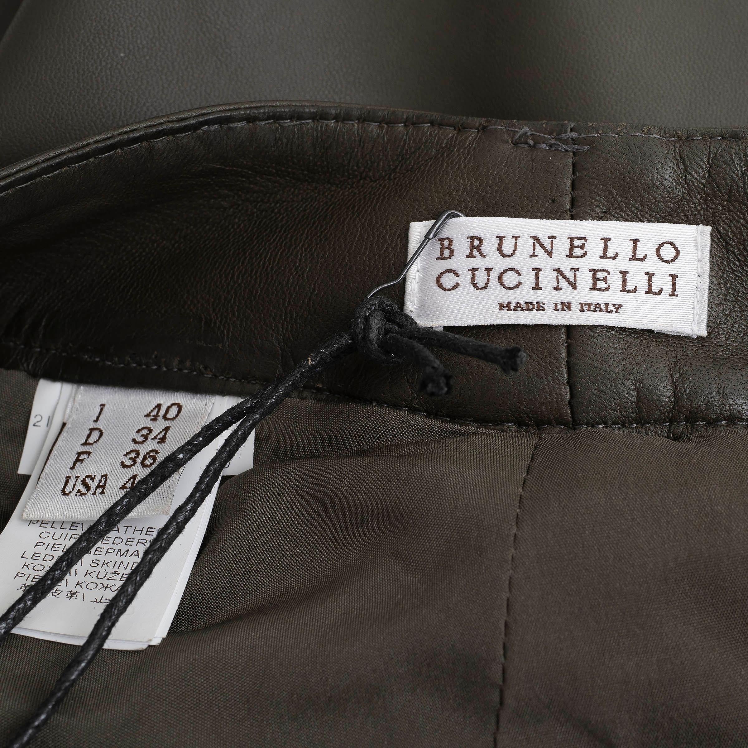 BRUNELLO CUCINELLI vert olive 2021 Pantalon droit en cuir 40 S Pour femmes en vente
