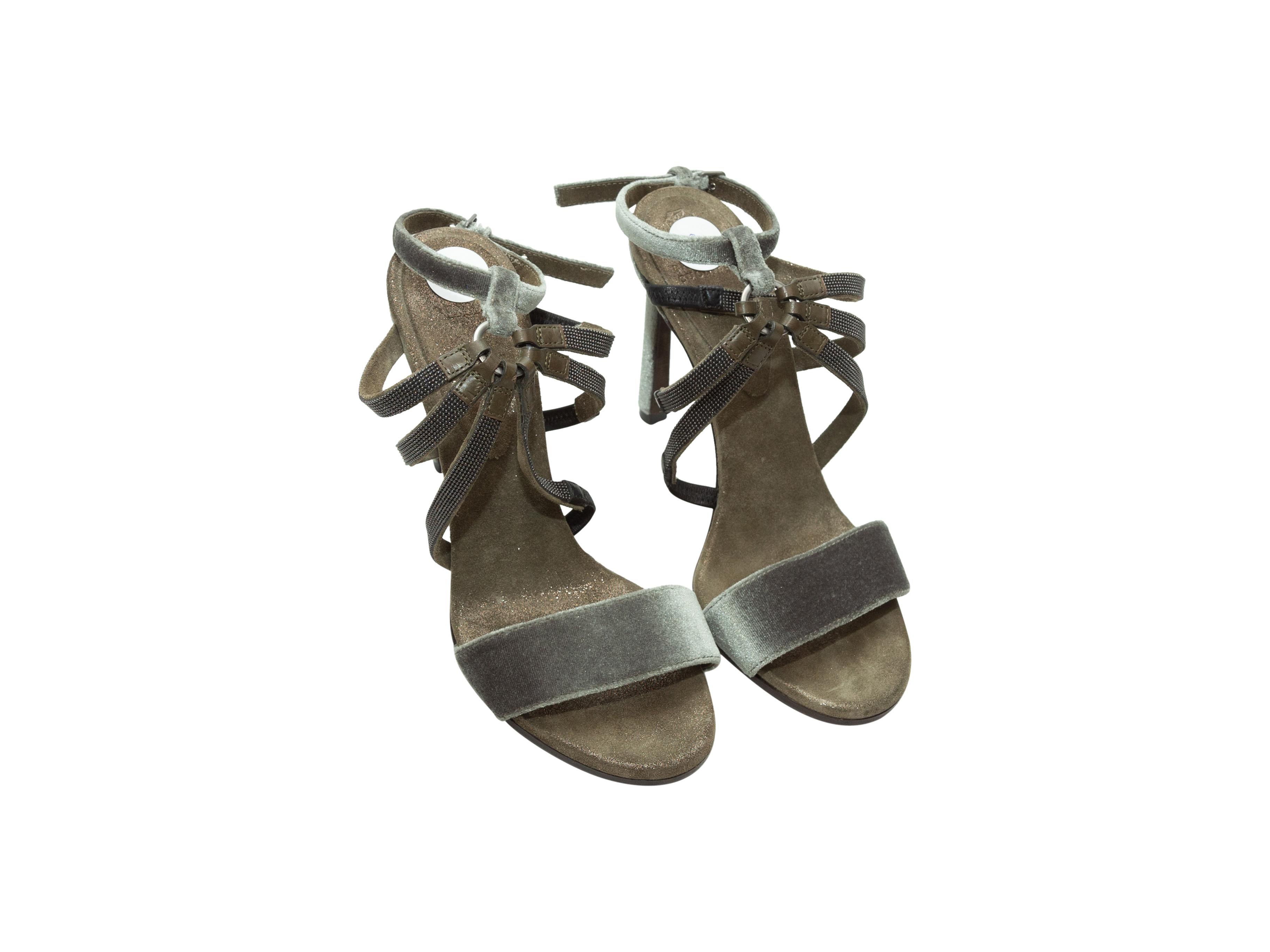 Gray Brunello Cucinelli Olive Green Velvet Monili-Embellished Sandals