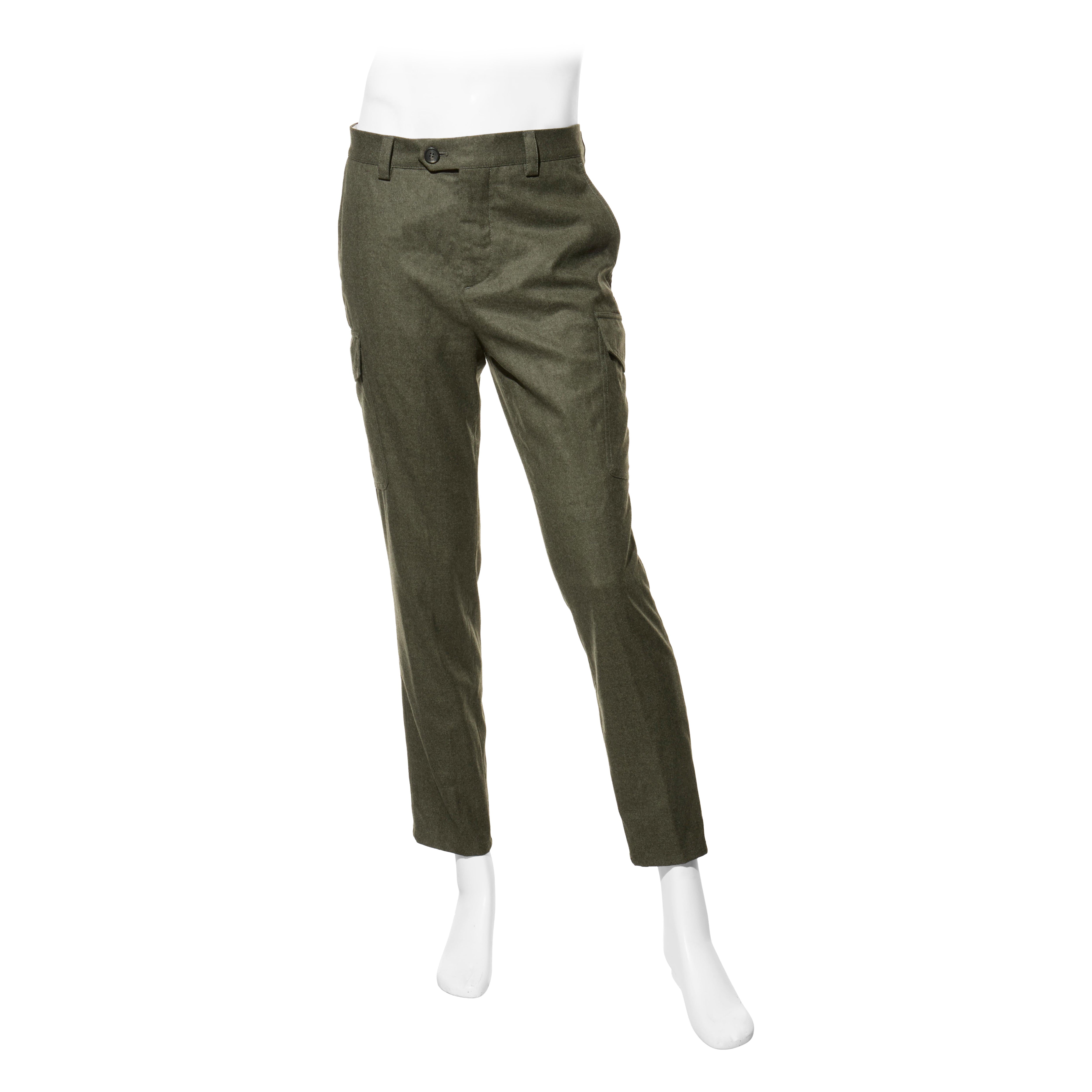 Brunello Cucinelli Pantalon cargo en laine vert olive Taille 48 en vente