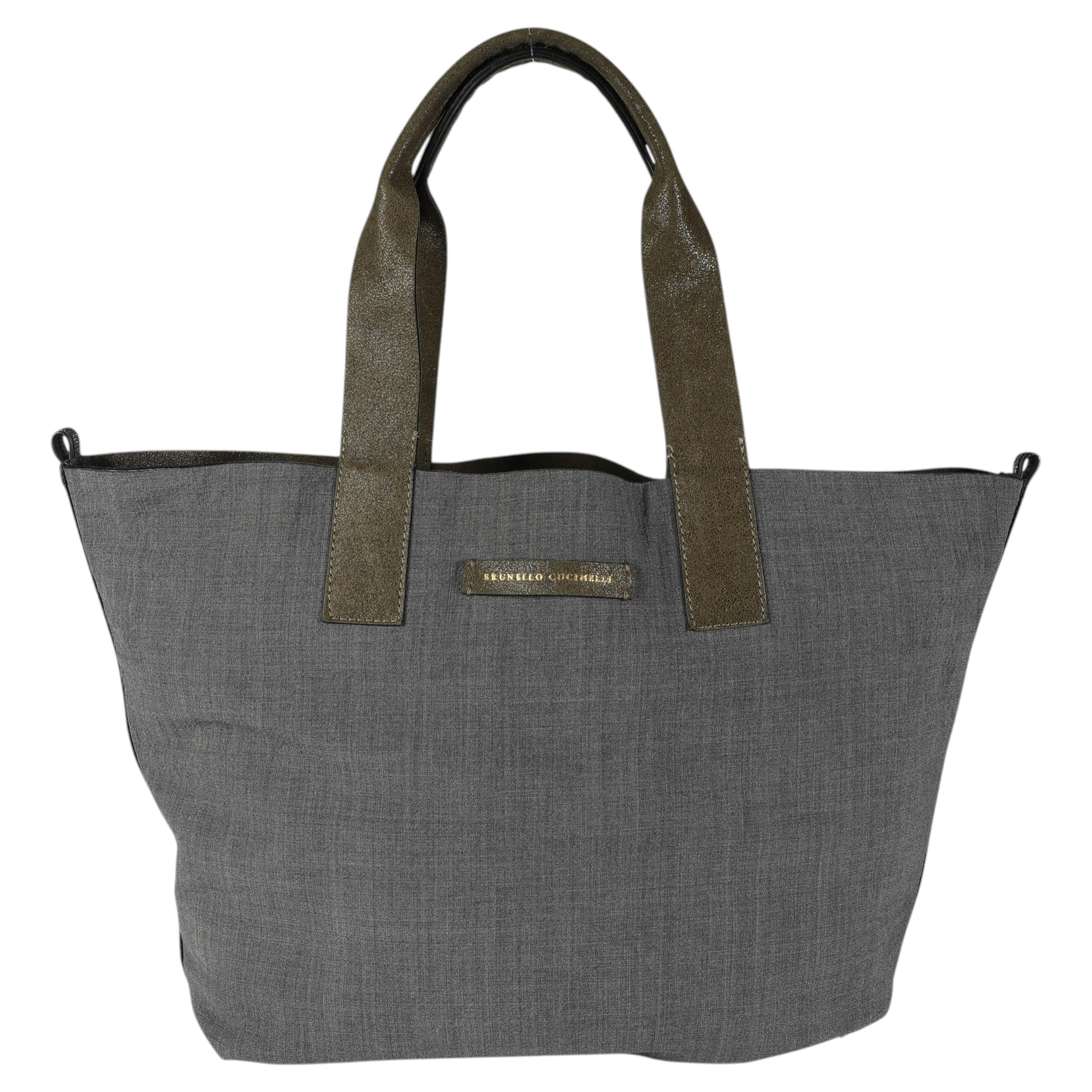 Brunello Cucinelli Olive Suede & Gray Wool Reversible Tote For Sale