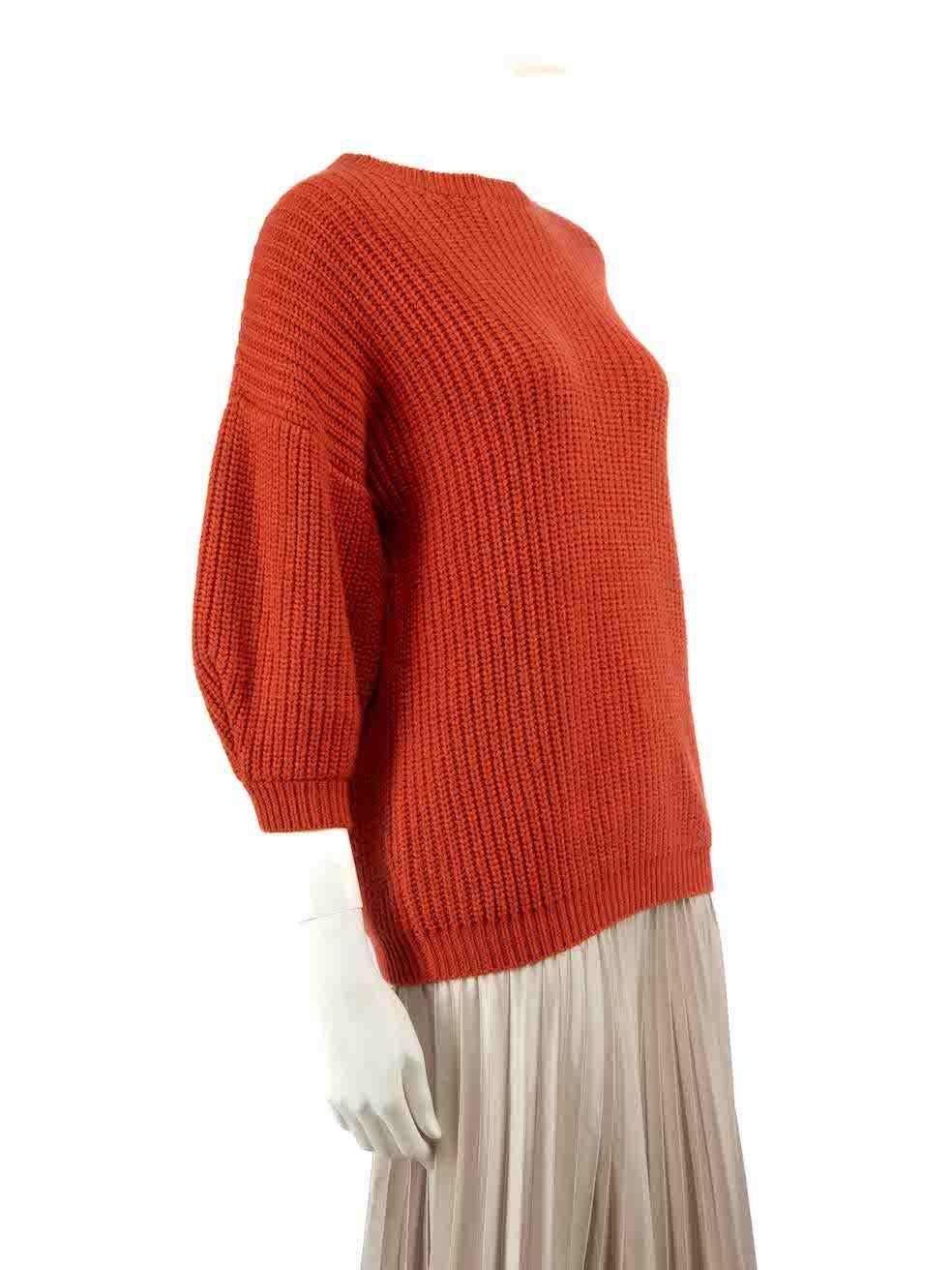 CONDITION is Very good. Hardly any visible wear to jumper is evident on this used Brunello Cucinelli designer resale item.
 
 
 
 Details
 
 
 Orange
 
 Cashmere
 
 Mid sleeves top
 
 Knitted and stretchy
 
 Round neckline
 
 
 
 
 
 Made in Italy
