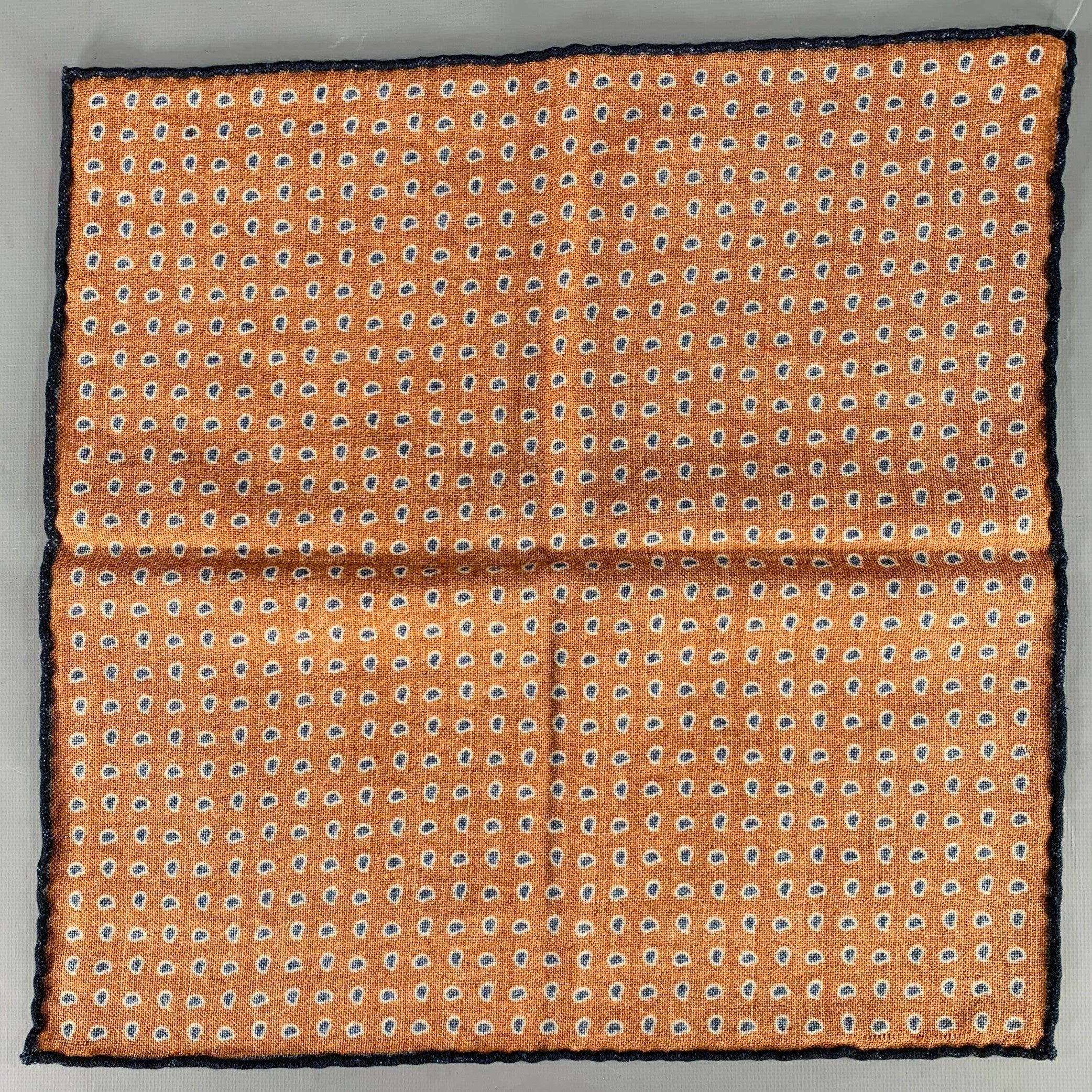 BRUNELLO CUCINELLI pocket square in an orange and navy woven fabric featuring a paisley pattern and hand rolled edges.Very Good Pre-Owned Condition. Brand tag removed by previous owner. 

Measurements: 
  15 inches  x 14.5 inches  

  
  
 
Sui