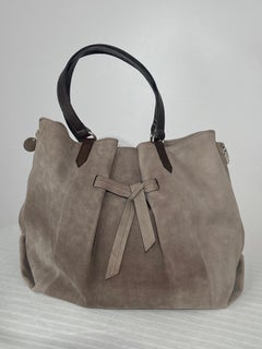 Brunello Cucinelli Pale Grey Suede Zip Sides Leather Handles  Tote Bag