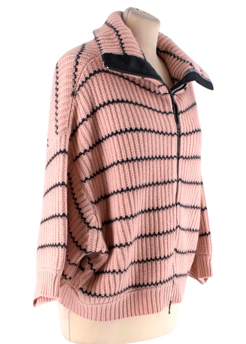 Brunello Cucinelli Pastel Pink Cashmere Striped Zip Up Jacket
 

 - Knitted cashmere jacket in pastel pink
 - Charcoal striped pattern
 - Funnel neck
 - Front zip up closure with silver-tone beaded trim
 - Dropped shoulders
 - Ribbed cuffs and hem

